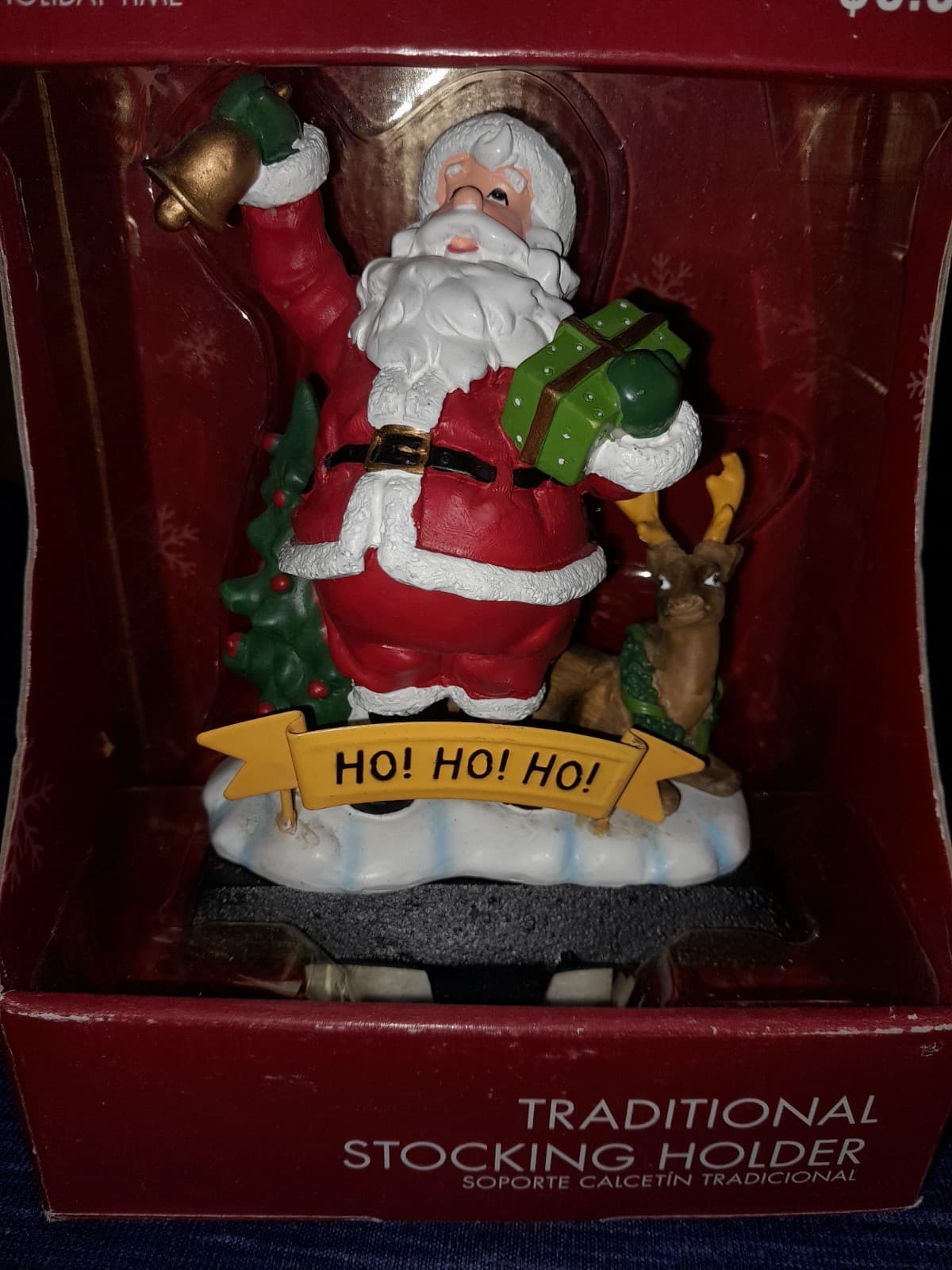 Vtg Holiday Time Stocking Hanger Santa Claus w Christmas Banner "Ho! Ho! Ho!" - Thumbnail 2