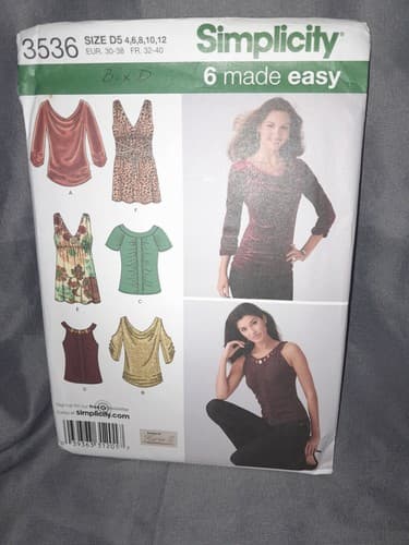Simplicity 3536 Misses Top Blouse Short Long Sleeve Shirt Pattern Sz 4 6 8 10 12 - Image 1