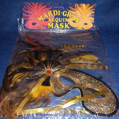 Mardi Gras Mask Black and Gold Sequin and Feather 1996 Forum Vtg Mask New - Thumbnail 2