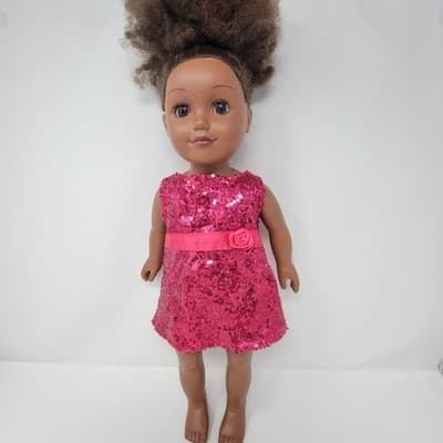 MY LIFE 18in AA Doll Brown Textured Hair Brown Eyes Nude With Pink Sequin Dress - Image 1