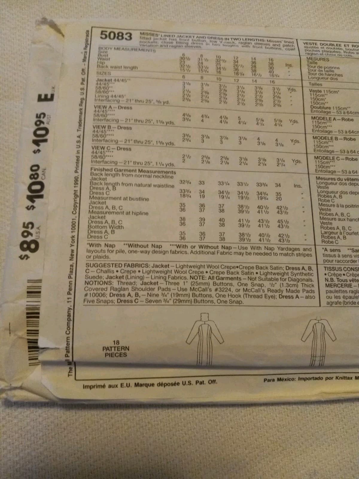 McCalls 5083 Misses' Jacket and Dress Pattern Size 12 NY Collection NY UC - Thumbnail 5