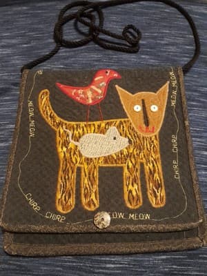 Quilted Appliqued Cat Bird Fish Purse Bag Bowman Fiber Arts Designs Tapestry - Image 1