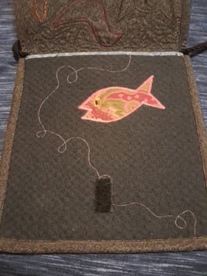 Quilted Appliqued Cat Bird Fish Purse Bag Bowman Fiber Arts Designs Tapestry - Thumbnail 4