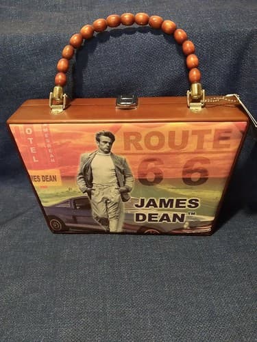 James Dean Lined Wooden Box Purse Route 66 Cielo Creation Fabric Rare Beautiful - Thumbnail 3