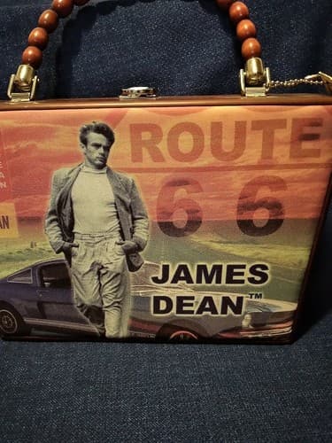James Dean Lined Wooden Box Purse Route 66 Cielo Creation Fabric Rare Beautiful - Thumbnail 4