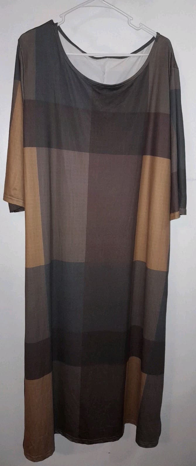 Ladies Modest Feminine Midi Style Dress Lightweight Tan Gold Brown Plaid 3X - Image 1