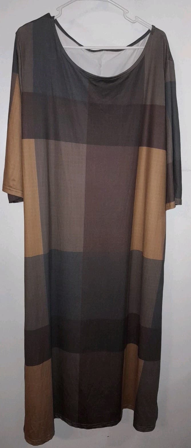 Ladies Modest Feminine Midi Style Dress Lightweight Tan Gold Brown Plaid 3X - Thumbnail 2