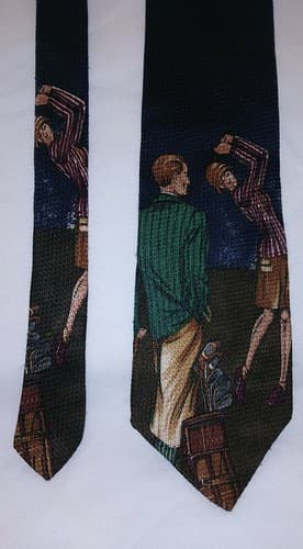 Man & Woman Golfing Imported All Silk Tie 59 in X 4 in Blue WPL125 Hathaway - Thumbnail 3
