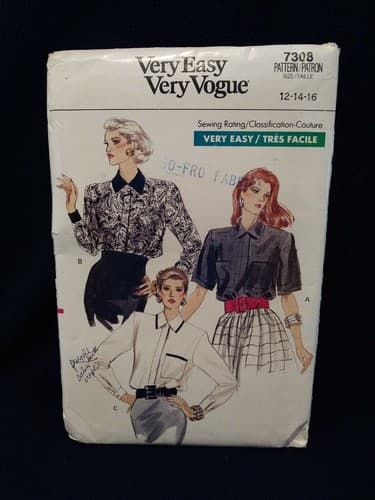Vogue 7308 Very Easy Sewing Pattern Blouse Tops Sz 12-16 1980s Vintage - Image 1