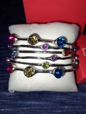Macys Silver Multi Colored Stone Bangle Bracelets Set Of 6 (Stylish & Versatil) - Thumbnail 2