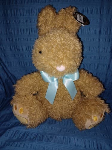 FAO Schwarz 13” Furry Brown Bunny Rabbit w/ Blue Bow Plush Stuffed Animal NWT - Image 1