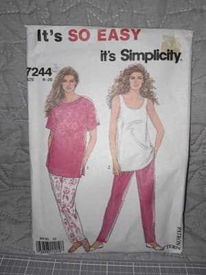 Simplicity 7244 Easy Womens Tank Top And Pants Size 8-20 New Uncut 90s Vintage - Image 1