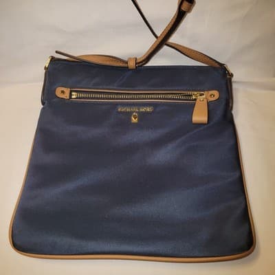 Michael Kors Navy Blue Nylon Crossbody Bag Tan Leather Trim 10"x10" W/ Dust Bag - Image 1