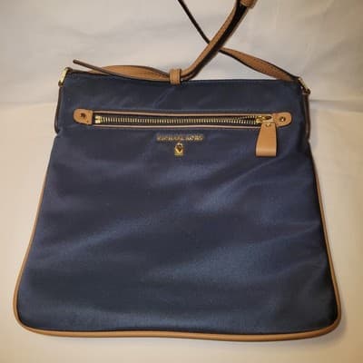 Michael Kors Navy Blue Nylon Crossbody Bag Tan Leather Trim 10"x10" W/ Dust Bag - Thumbnail 2