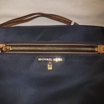Michael Kors Navy Blue Nylon Crossbody Bag Tan Leather Trim 10"x10" W/ Dust Bag - Thumbnail 8