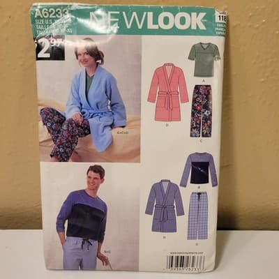 New Look A6233 Sewing Pattern Unisex Pants Robe and Knit Tops Size XS-XL - Image 1