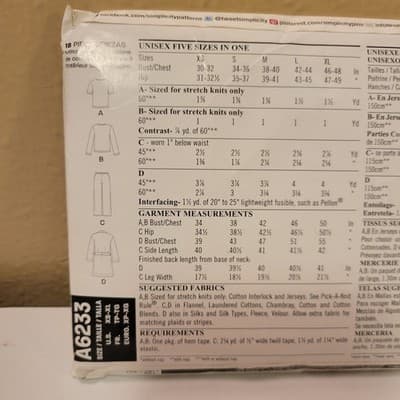 New Look A6233 Sewing Pattern Unisex Pants Robe and Knit Tops Size XS-XL - Thumbnail 4