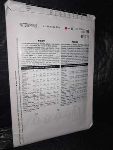Butterick See & Sew B5270 5270 Size 8- 14 Sewing Pattern Easy Tunic Pant V-Neck - Thumbnail 4