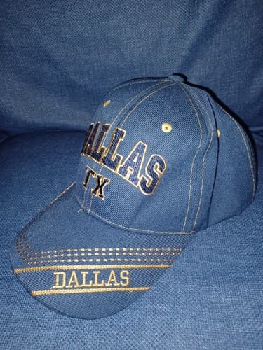 Dallas Tx Blue Denim Hat Gold Embroider Baseball Cap Adjustable - Image 1