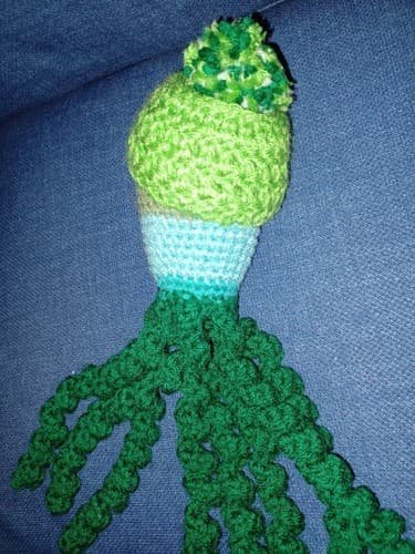 New Handmade 14" Tall Crochet Octopus with Hat Beanie Pom pom, Gray Green Blue - Thumbnail 3