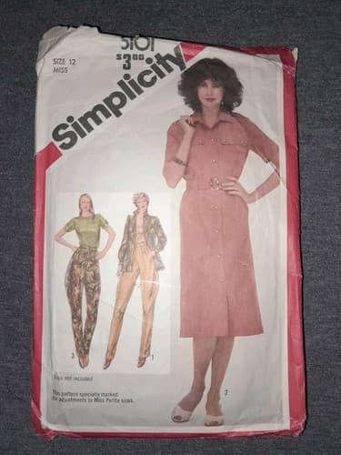 Vintage Simplicity 5101 Sewing Pattern Sz 12 Misses Petite Shirt Dress Pants 80s - Image 1