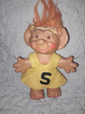 Uneeda Wishnik Troll Doll Yellow Felt Dress Red Letter S, 5.5" Vintage 1960's - Image 1
