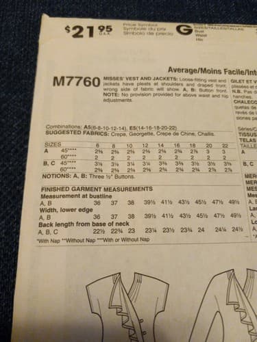 McCalls M7760 7760 Draped Vest & Jackets w Pleated Shoulder Sz 14-22 UC Pattern - Thumbnail 4