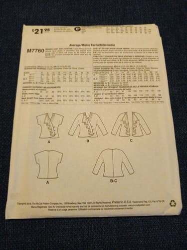 McCalls M7760 7760 Draped Vest & Jackets w Pleated Shoulder Sz 14-22 UC Pattern - Thumbnail 2
