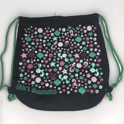 Girl Scouts Black Canvas Drawstring Backpack Pink Green Flowers Stars Bag 15x15" - Image 1