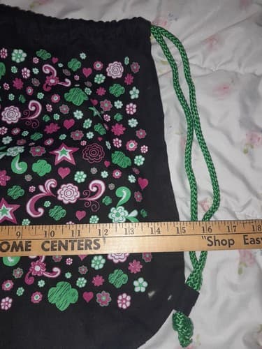 Girl Scouts Black Canvas Drawstring Backpack Pink Green Flowers Stars Bag 15x15" - Thumbnail 5