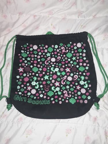 Girl Scouts Black Canvas Drawstring Backpack Pink Green Flowers Stars Bag 15x15" - Thumbnail 2