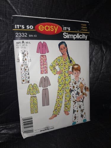 Simplicity E2332 Child’s Pajamas Sewing Pattern Top & Pants Size A (XS–L) Uncut - Image 1