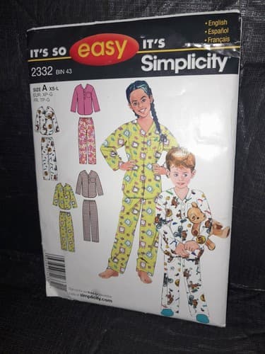 Simplicity E2332 Child’s Pajamas Sewing Pattern Top & Pants Size A (XS–L) Uncut - Thumbnail 2