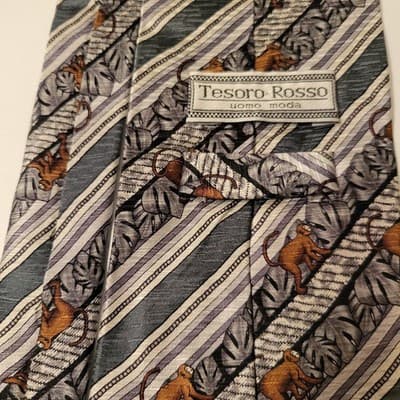 Tesoro Rosso Uomo Moda 100% Silk Tie Jungle Monkey Leaf Print Retro 90s Handmade - Thumbnail 5