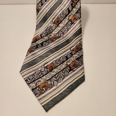 Tesoro Rosso Uomo Moda 100% Silk Tie Jungle Monkey Leaf Print Retro 90s Handmade - Image 1