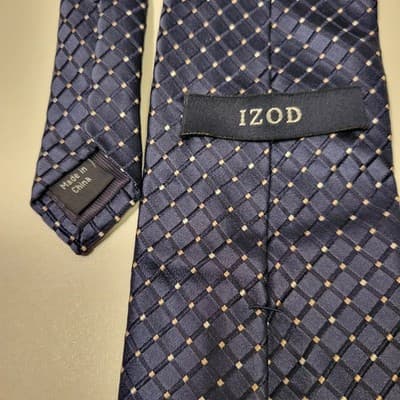 IZOD Navy Blue Tie Grid Pattern Cream Dots Classic Business Silk Blend 60x3.5" - Thumbnail 3