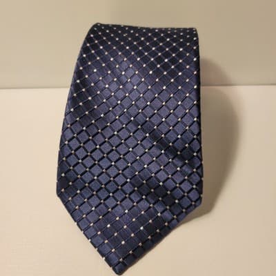 IZOD Navy Blue Tie Grid Pattern Cream Dots Classic Business Silk Blend 60x3.5" - Thumbnail 2