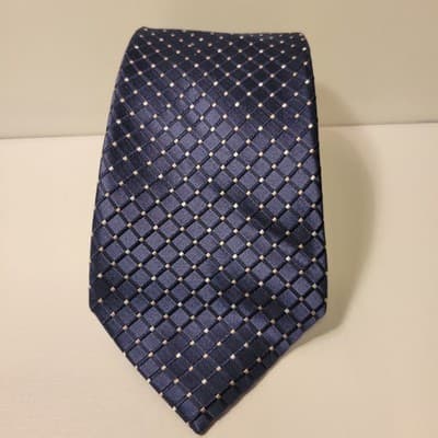 IZOD Navy Blue Tie Grid Pattern Cream Dots Classic Business Silk Blend 60x3.5" - Image 1