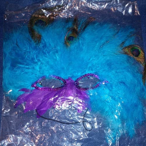 Mardi Gras Masquerade Mask Peacock Feathers Blue Purple Sequin Costume Party New - Thumbnail 4