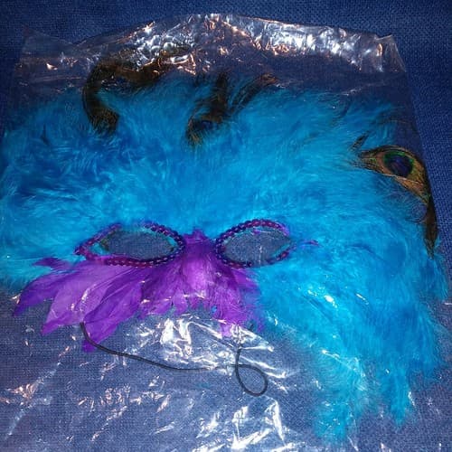 Mardi Gras Masquerade Mask Peacock Feathers Blue Purple Sequin Costume Party New - Thumbnail 2