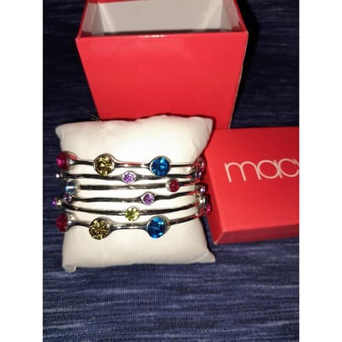 Macys Silver Multi Colored Stone Bangle Bracelets Set Of 6 Stylish & Versatil - Image 1