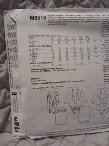 McCalls M6516 6516 Unlined Vest & Jacket Lose Fit Size L XL XXL Pattern UC FF - Thumbnail 3