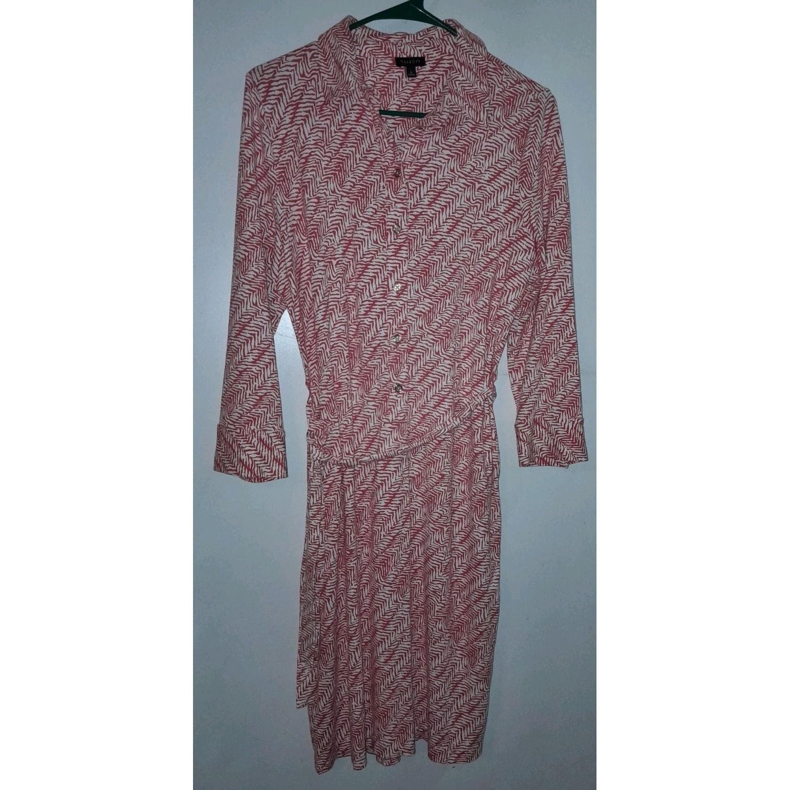 Talbots Ponte Knit Rayon Belted Shirt Style Maxi Dress M Coral & White Moto Hobo - Image 1