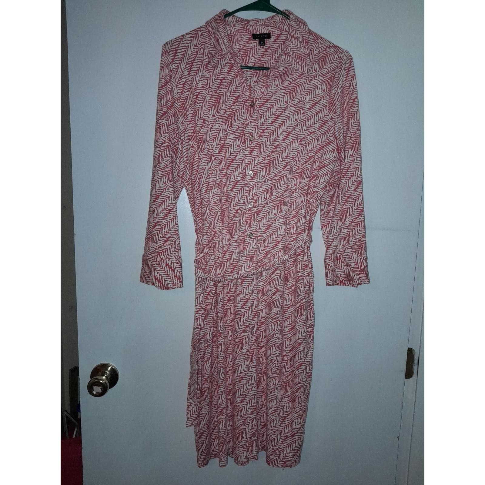 Talbots Ponte Knit Rayon Belted Shirt Style Maxi Dress M Coral & White Moto Hobo - Thumbnail 2