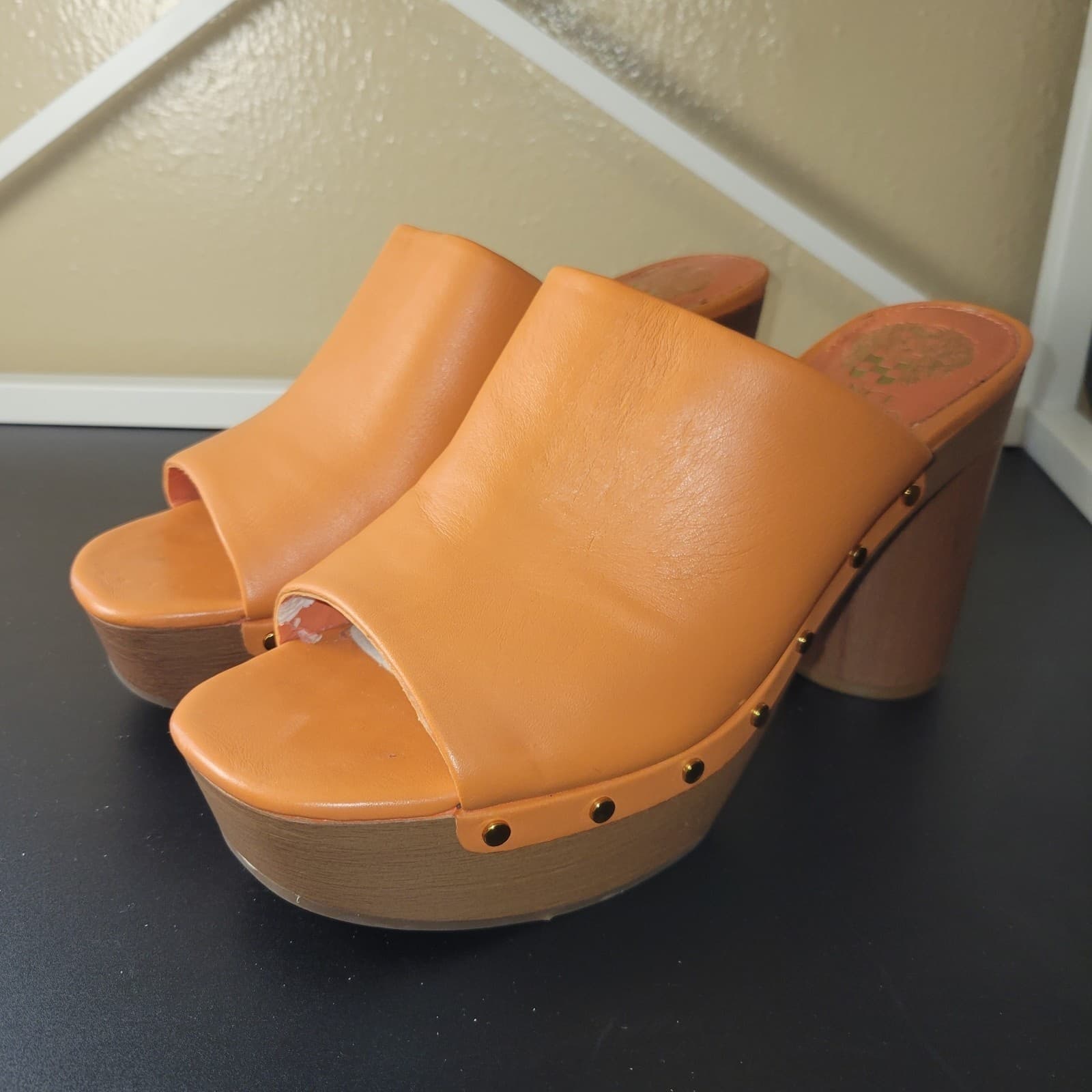Vince Camuto VC-Haydon Orange Leather Platform Mule Sandals Heels 7.5 Retro - Image 1