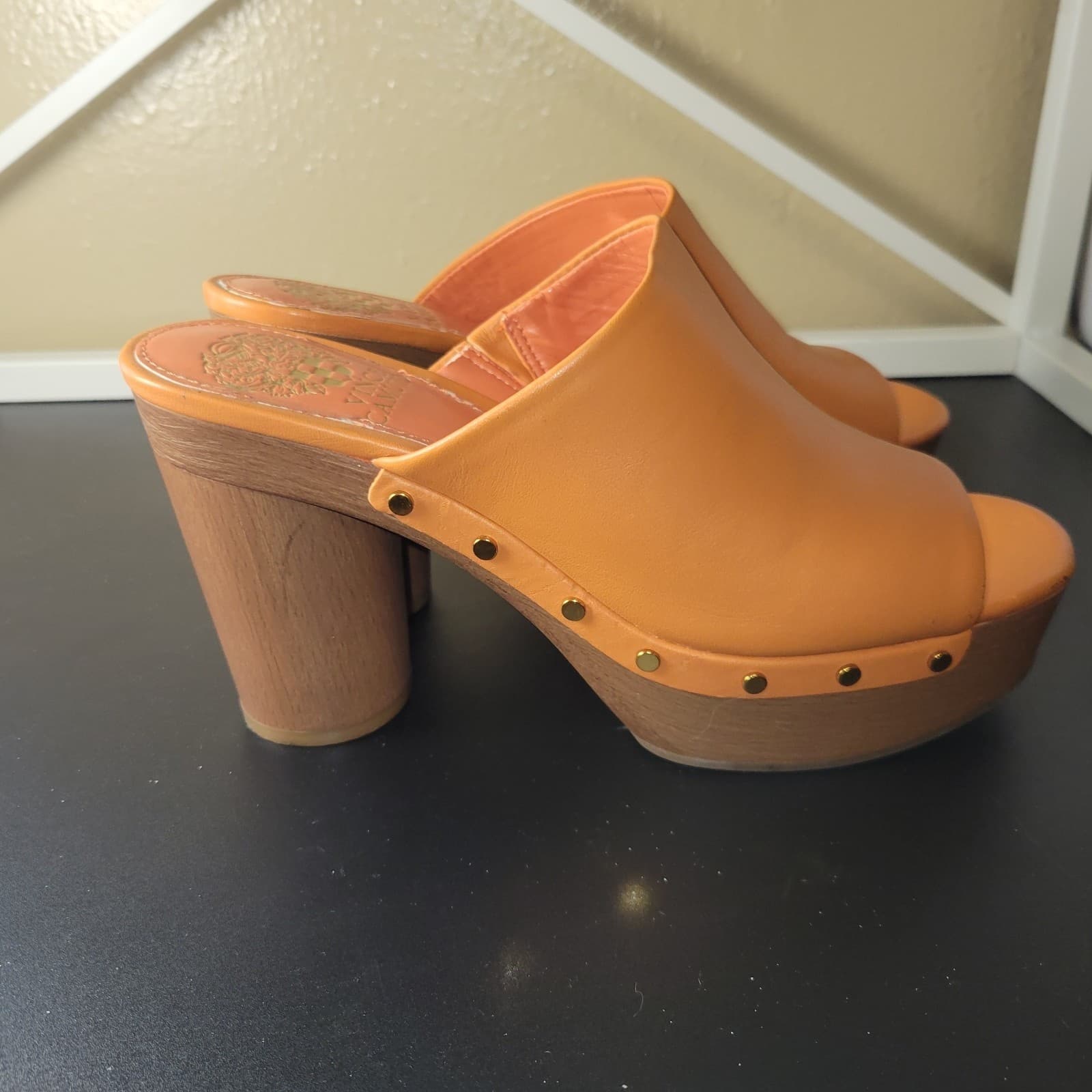 Vince Camuto VC-Haydon Orange Leather Platform Mule Sandals Heels 7.5 Retro - Thumbnail 7