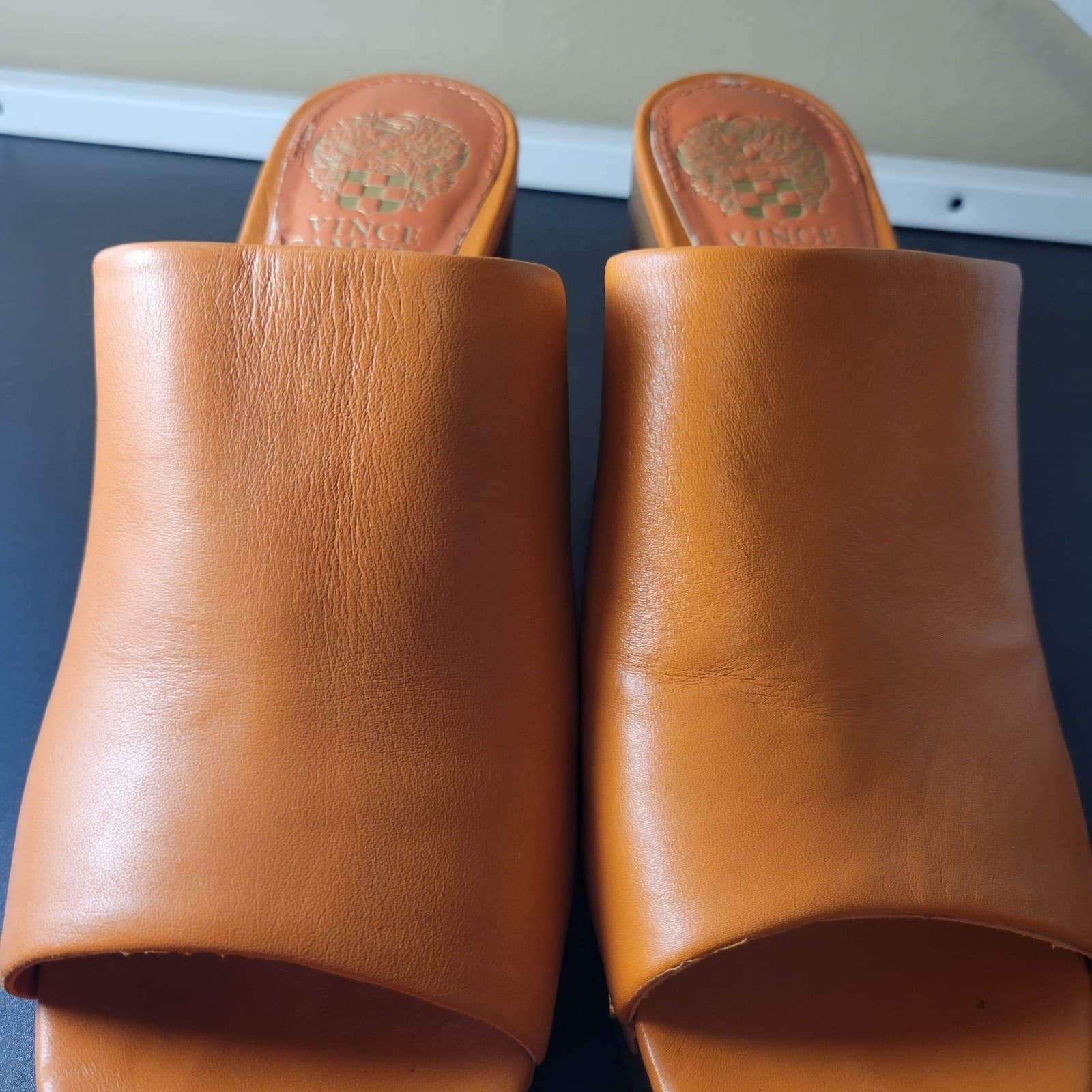 Vince Camuto VC-Haydon Orange Leather Platform Mule Sandals Heels 7.5 Retro - Thumbnail 2