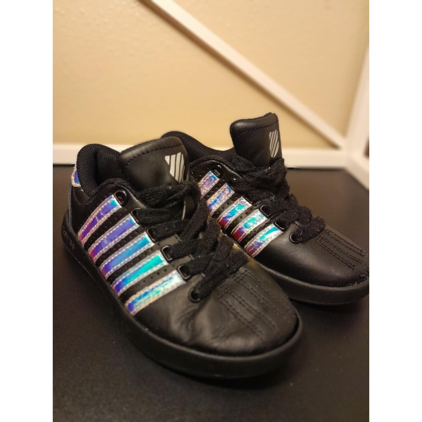 K-Swiss Classic VN Black Leather Sneakers Little Kids 12K Shoes Silver 5-Stripes - Image 1