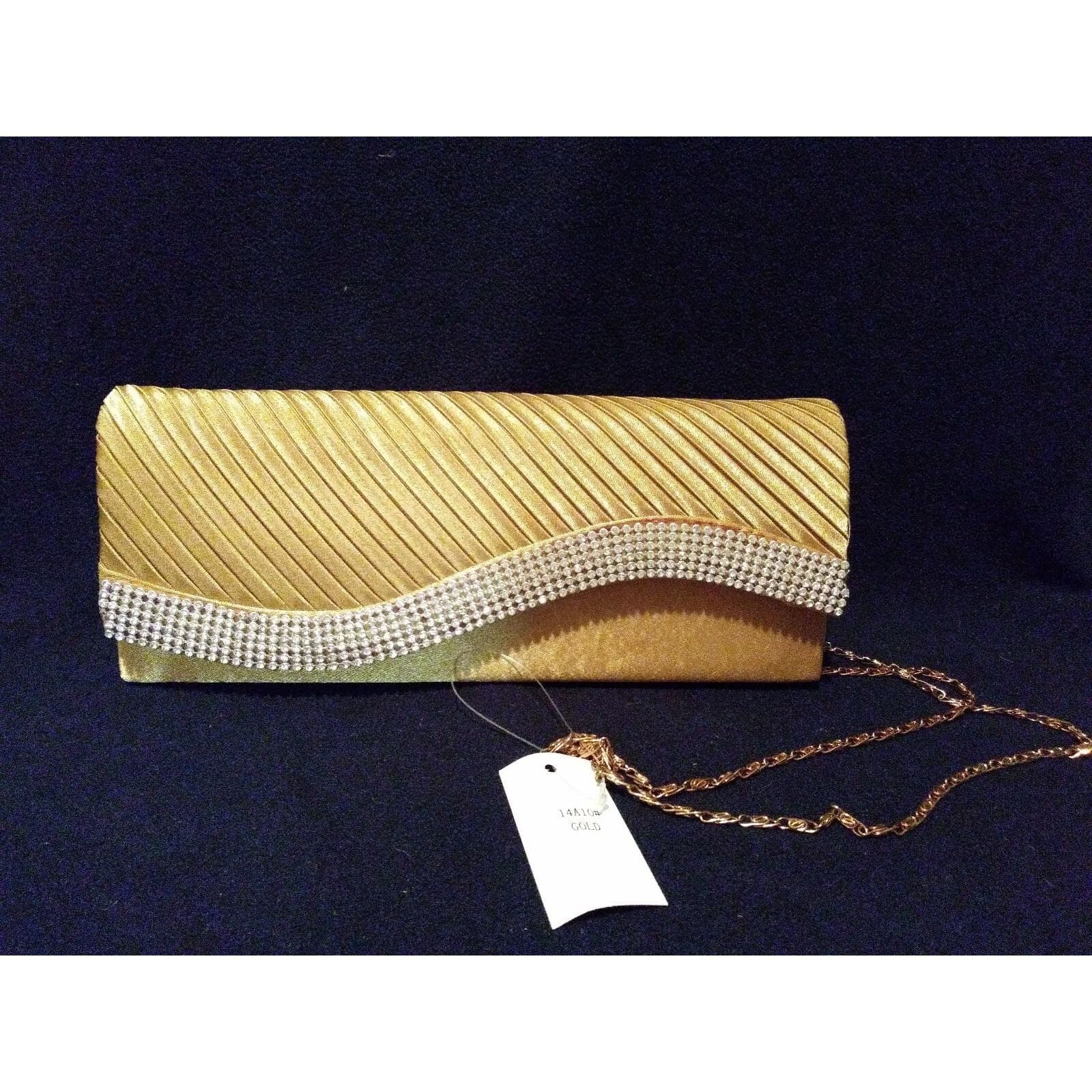 Elegant Rhinestone Accent Satin Pleated Clutch Purse Gold 10"x4" Silver Chain - Image 1