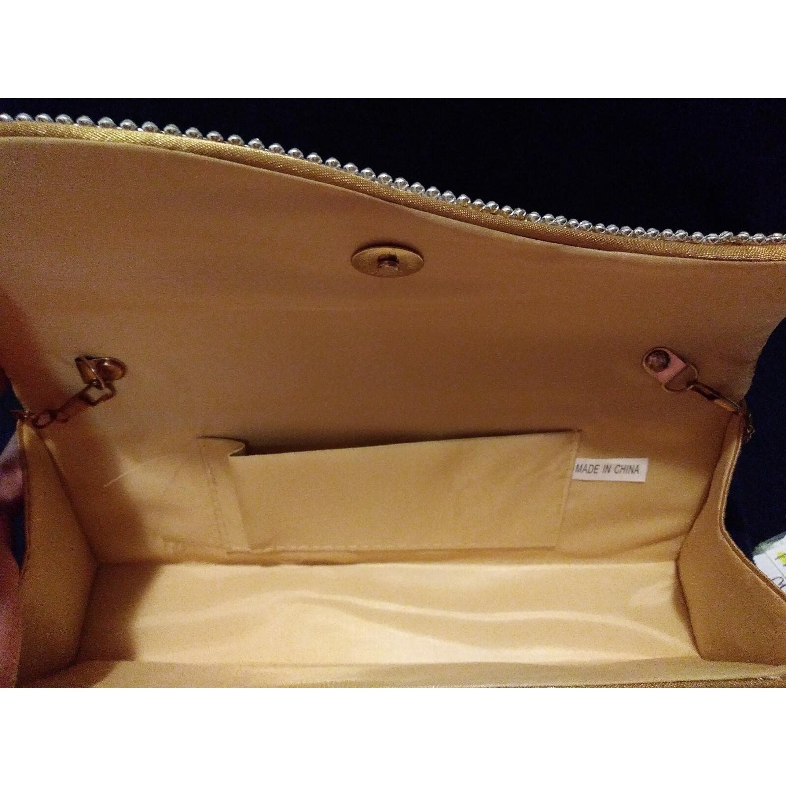 Elegant Rhinestone Accent Satin Pleated Clutch Purse Gold 10"x4" Silver Chain - Thumbnail 5